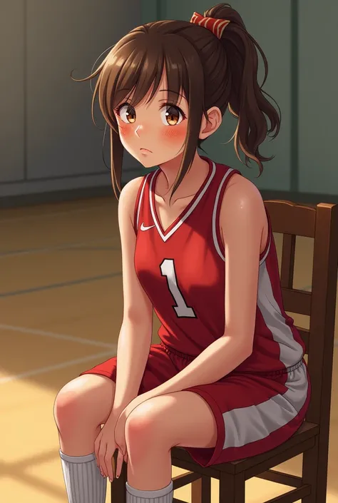 Fair skin girl with freckles and brown eyes. Her  brown hair is styled with bangs and a ponytail. She is wearing a red and white jersey, with a red number 1 on the center. She is wearing red and white short shorts, knee high red and white socks and black s...