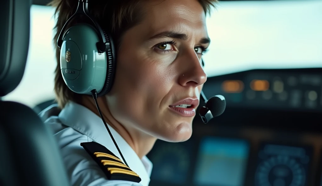 A passenger plane pilot wearing a pair of airplane headsets, close look