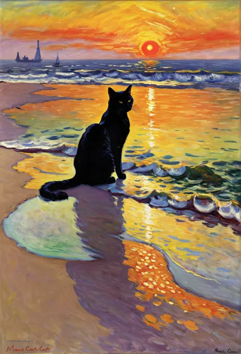 Monet　Black Cat　Sunset　sea　 sandy beach