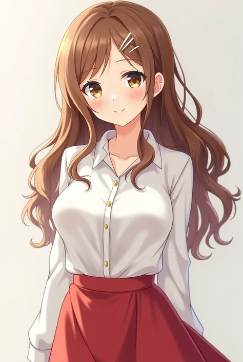 Long Hair, Wavy Hair, Large breasts, Blush, Smile, Simple background, Hair Clip, Anime, brown haired girl age 20 wearing a buttoned white shirt showing cleavage and a long red skirt 