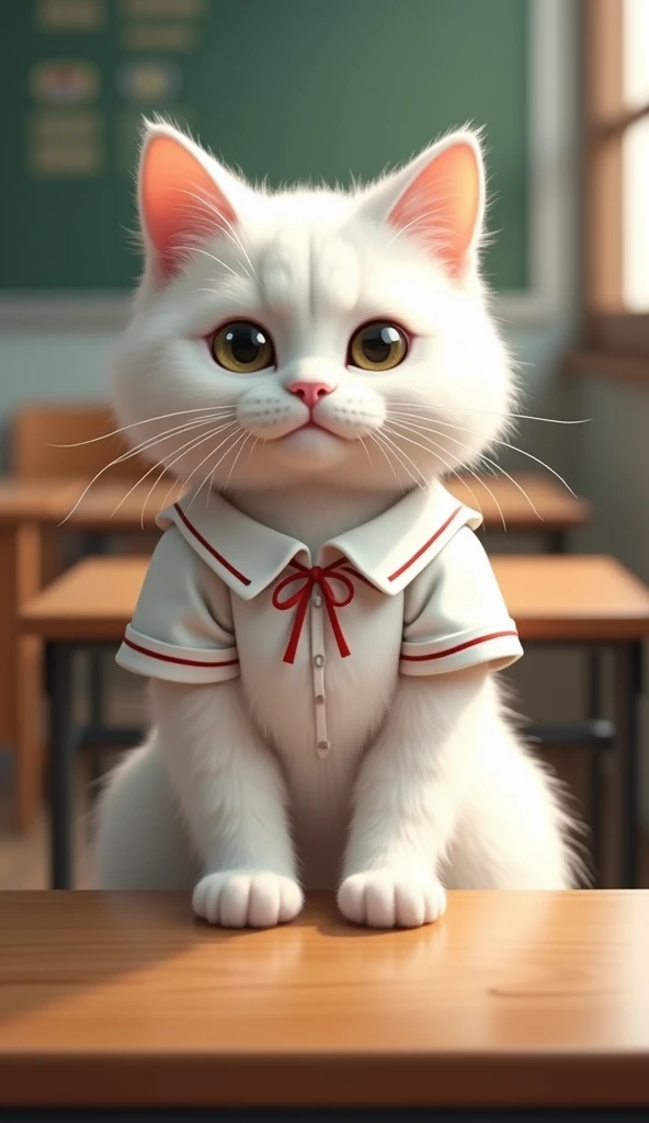  realistic white cat wearing cute white dress school uniform,sitting on a school bench ,hands on table facing front ,
