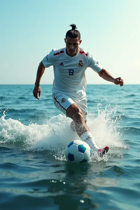 Realistic image of Cristiano Ronaldo playing soccer on the waters of the sea