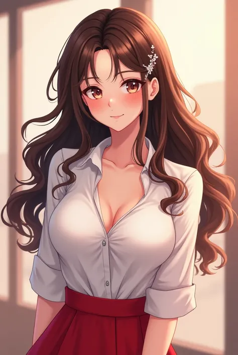 Long Hair, Wavy Hair, Large breasts, Blush, Smile, Simple background, Hair Clip, Anime, brown haired girl age 20 wearing a sexy buttoned white shirt showing cleavage and a long red skirt 