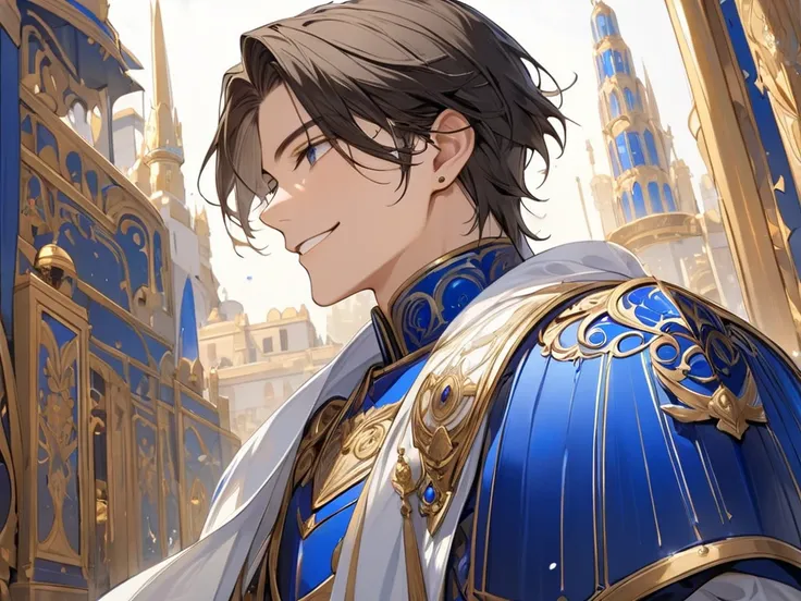 (( best quality )), ((masterpiece)), ( detailed), 1 Boy, 23 years old,Handsome, smile full of love,  Black Brown Short Hair (7:3 sides ),  from the side of the cheek to below the ear, White High Collar Shirt ( Embellished Gold Totem ),  Left Shoulder Blue ...