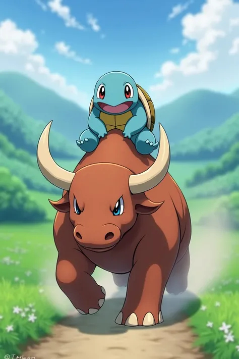 Squirtle Pokémon ride a Tauros Pokémon