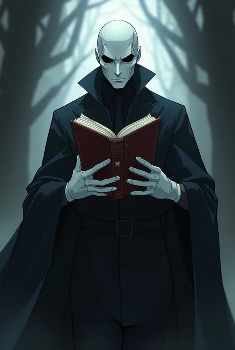 Man with a villainous appearance, not Smoke&#39;s negro, with a white full face mask, black eyes, white gloves and a book, anime style  