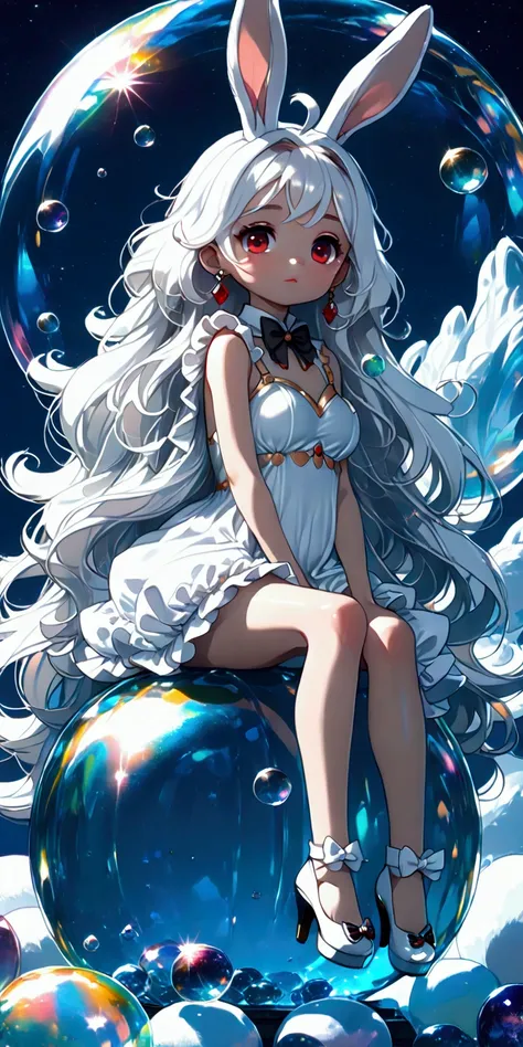 solo,1girl((chibi:1.3),cute,kawaii,(white hair:1.7),(very long hair:1.7),bangs,(ear(fluffy white bunny-ear):1.4),(red eye),big eye,beautiful shiny eye,skin color white,big hairbow,(white frilled dress:1.3),breast,white rabbit tail at hip,) (sit on (bubble:...