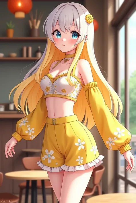 4K  Manga cartoon  character is Girl  skin white  , long hair colour yellow - white , wear outfits and shoes colour yellow and white  pattern  flowers  yellow , background  wall door glass in cafe , manga cartoon style . 