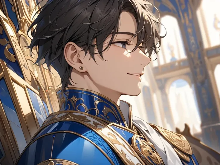 (( best quality )), ((masterpiece)), ( detailed), 1 Boy, 23 years old,Handsome, smile full of love,  black brown eyeshadow, Black Brown Short Hair (7:3 sides ),  from the side of the cheek to below the ear, White High Collar Shirt ( Embellished Gold Totem ...