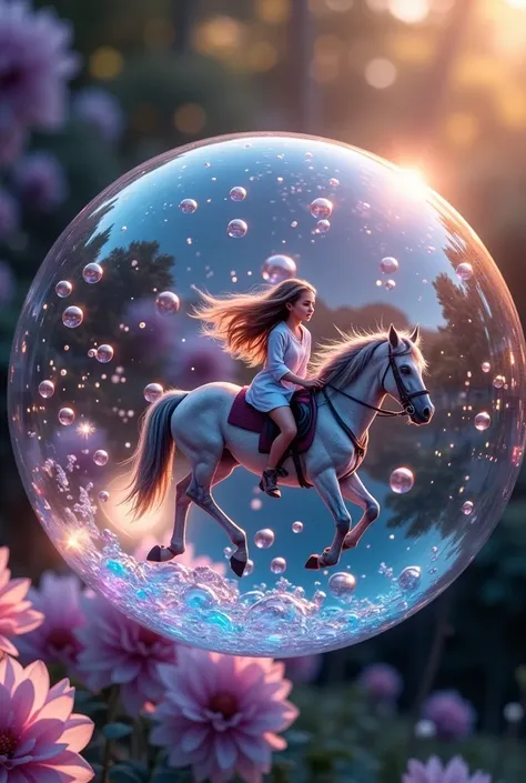  bubbles floating like magic 、 intricate fantasy design、 bubbles floating with friends on them 、Friends riding bubbles、beautiful、 shines brightly、 colorful 、 dynamic、 like a kaleidoscope 、 like a prism 、 surrenders、Dreamy、Macro photography、Very sophisticat...