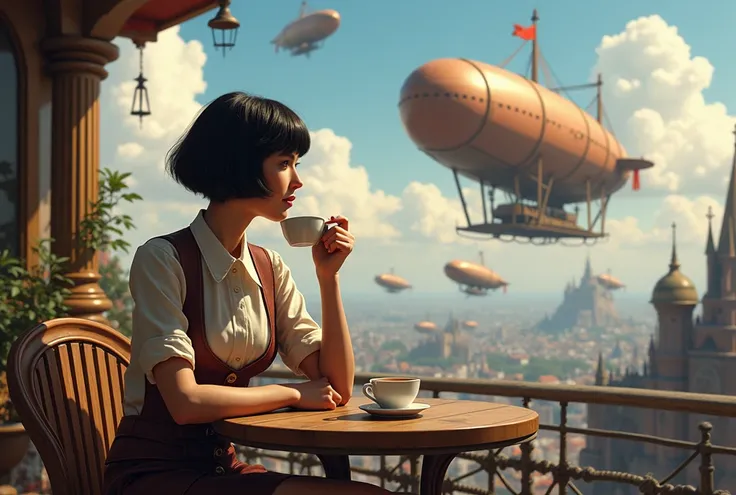 "steampunk , cloud girl ,masterpiece,detailed details,One woman, short dark hair , Steampunk traveler , Drinking coffee on the cafe terrace , Background is a steampunk airship station. airships in the background , Passengers"