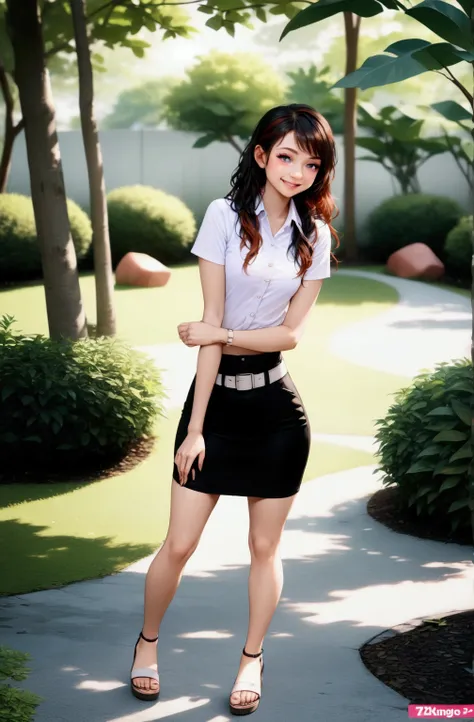 young woman, posing at park, (+forehead, long curly hair, black hair, reddish-brown streaked hair, reddish-brown ombre, two colored hair, sunglasses), white short sleeves collared shirt, black pencil mini skirt with belt, heel sandals, BREAK, (1girl, solo,...