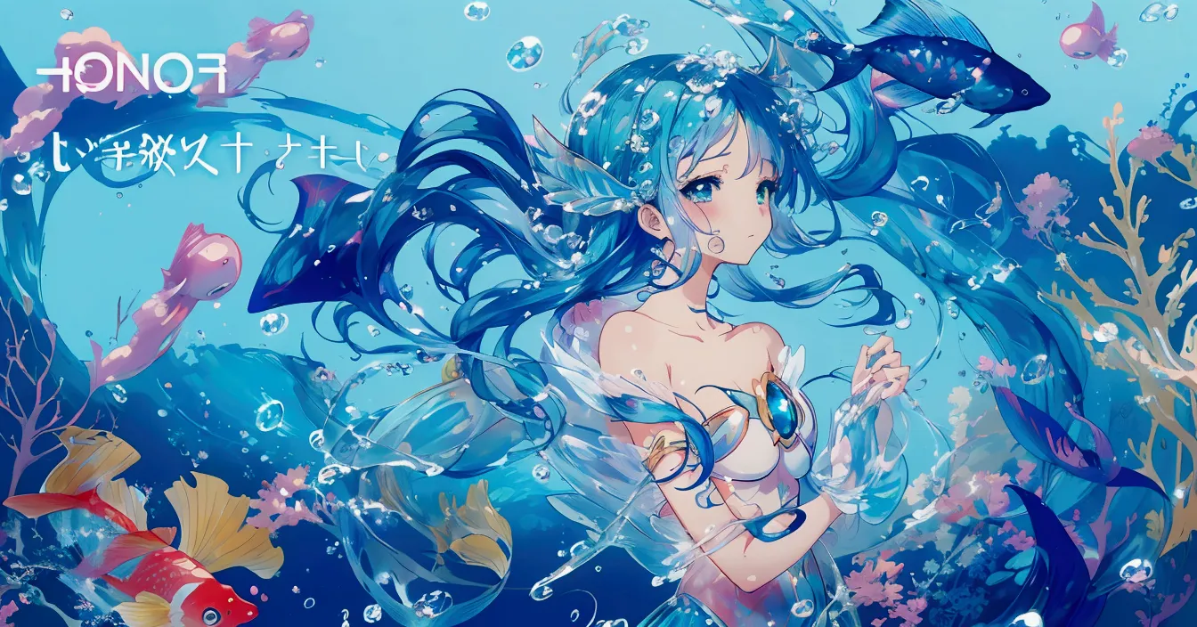 anime illustration of mermaid with long hair and fish tail,   anime blue water wallpaper  ,  fantasy psychedelic anime ,  bubbly...