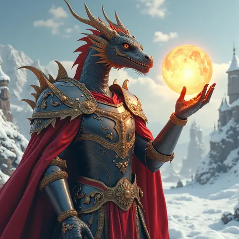 a masterpiece photograph, an inspired humanoid silver-gold dragon dressed in red and black armor that fancifully and intricately shimmer reflecting natural sunlight, holds the sun in his hand in a poetic pose against the background of an epic snow and ice ...