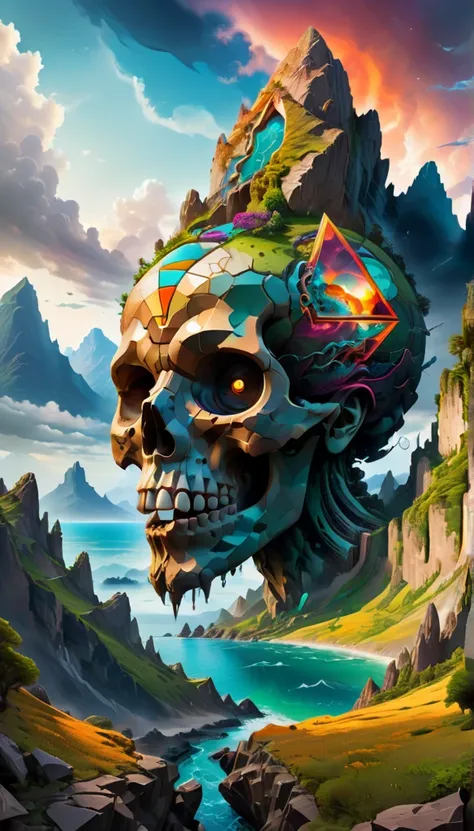  Create a real landscape with a giant face fused with a rocky mountain .  The face is split in half by a geometric triangle ,  contain intricate details such as a skull , organic shapes ,  and bright colors . In the background,  depict a dramatic sky with ...