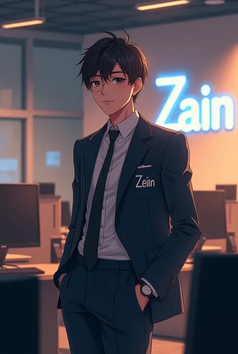 Design a realistic anime picture and description

1 . *Background*:  is a programming company full of computers and a wall with the name Zain 

2. *The programmer *:  is a 160-tall young man with a Hantawi face wearing a watch on his hand and wearing a for...