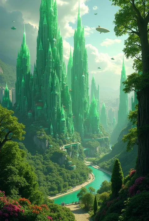 The fantastic emerald city with amazing emerald skyscrapers