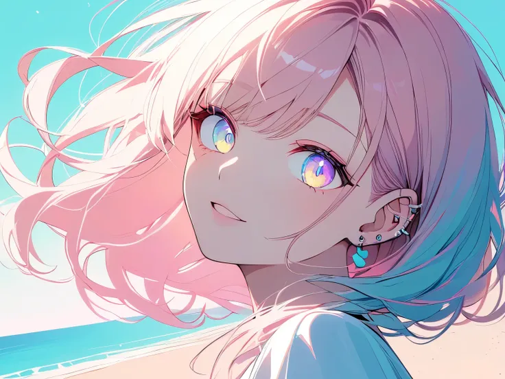 ((Halftone, front lighting, vivid color)),
Pastel colors,
((Highly detailed beautiful woman, detailed facial expression, detailed eyes, ear piercing)),
Short pink hair,
(Pale shades, pastel colors),
Sandy beach, bright,
Having fun with friends