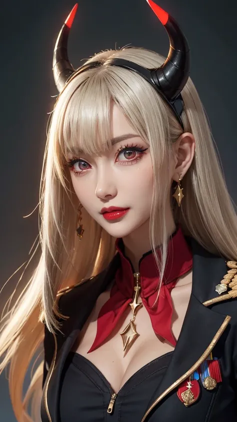 1girl, solo, mature lady, milf, beautiful character design, cg unreal engine, hd, 4k, full shading, perfect shading, professional art, extremely detail character design, a girl with long white hair wearing black theme soldier uniform, happy, smug, red eyes...