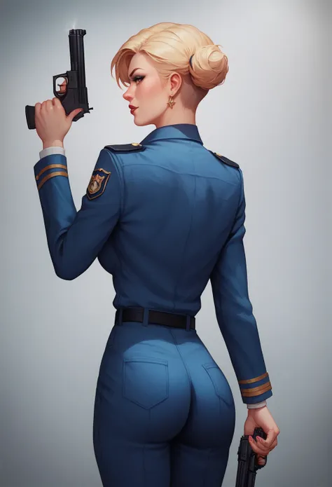 anime girl in uniform holding a gun and pointing it at the camera, officer, policewoman, Trigun Stampede style, short hair, straight hair, White Shirt, blue blazer, thicc, butt pose, back view, visible handgun
a-1 pictures, high quality fanart, portrait n ...