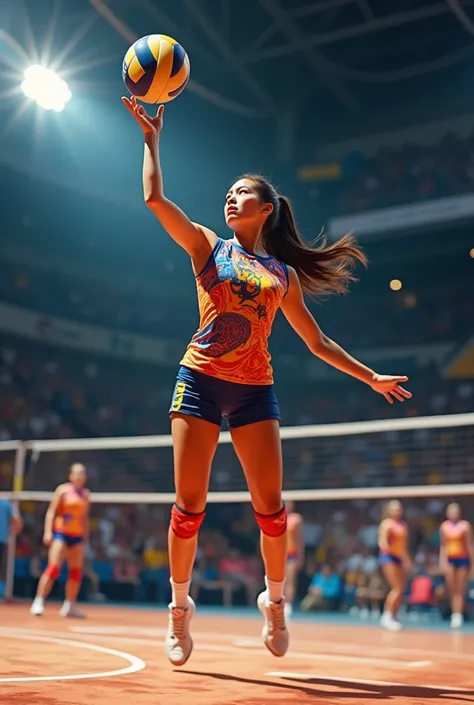 A photo of a player from a non-existent fictional professional volleyball team, volleyball player receiving the ball.