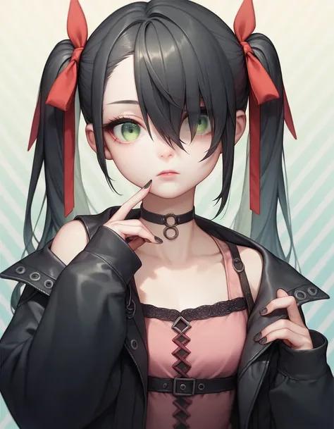 (masterpiece), best quality, expressive eyes, perfect face, 1girl, asymetrical bangs, black choker, black hair, black jacket, black nails, choker, dress, green eyes, hair between eyes, hair over one eye, hair ribbon, jacket, long sleeves, nail polish, open...