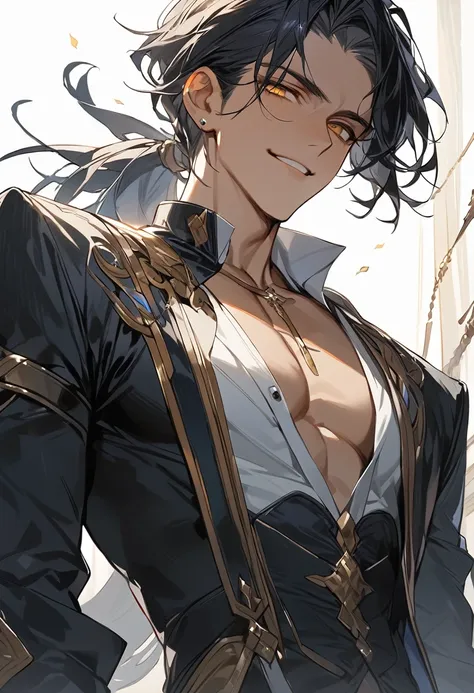 (Masterpiece, high resolution, best quality), solo, 1 male, 25-years old man, handsome, sexy, tanned skin, black hair, male ponytail, yellow eyes, male fantasy clothes, sly smile, half body, looking at viewer