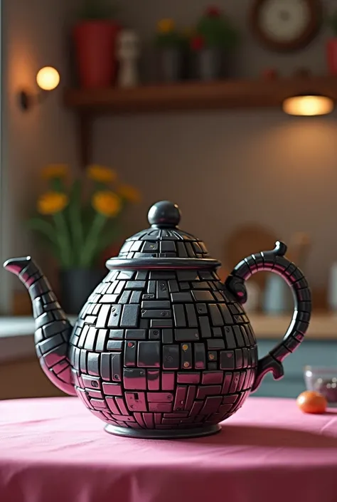 Teapot made of black with white dots dominoes, on the table on a pink tablecloth in the kitchen, high detail, cinematic, realistic, backlight