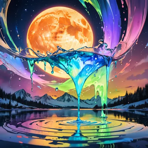 magic circles with glowing fluorescent letters, background the night sky, huge orange full moon, fusion of holograms and Aurora Diamond Vision, fantasy art, watercolor painting (pouring, dripping, puddling techniques), blurred painting, water-based paint e...