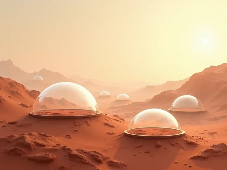 The veil covering Mars
A delicate scene in the style of Claude Monet ,  with transparent domes covering the Martian landscape in soft shades of red and gold.