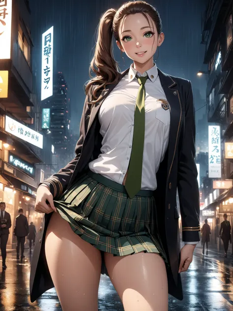 masterpiece, best quality, very aesthetic, realistic anime, Sharp Focus, high contrast, 1lady, detailed green eyes, tareme, half opened mouth, smile, dark brown silky hair, hair pulled back, side ponytail, contrapposto, Captivating thighs, uniform, blazers...