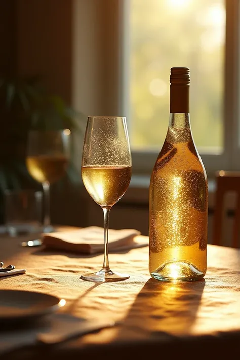 A close-up photograph of a glass of white wine standing on a dining table covered with a dark tablecloth next to a bottle of white wine. The bottle shows vapours, droplets of moisture. The composition is located next to a window through which the rays of t...