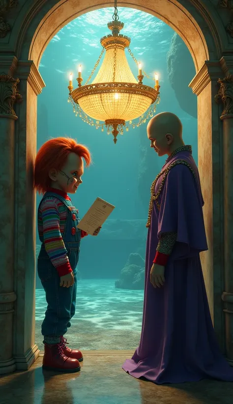 In an opulent underwater ballroom, Chucky and Squilliam Fancyson stand on opposite sides of a massive golden chandelier. On the left, Chucky leans against a marble column, his stitched-up face illuminated by flickering candlelight, holding a ragged invitat...