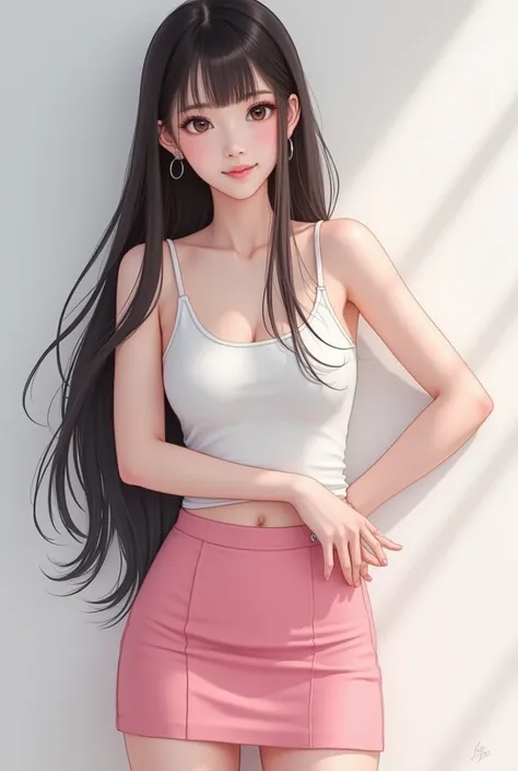     Asian Style、 Korean Style Idol 、 1 cute girl ,      I have my head skinhead、Wearing a white tank top、 pink miniskirt、 high definition  , Long Hair, smile,  best quality, Accurate, masterpiece, Long Hair, 