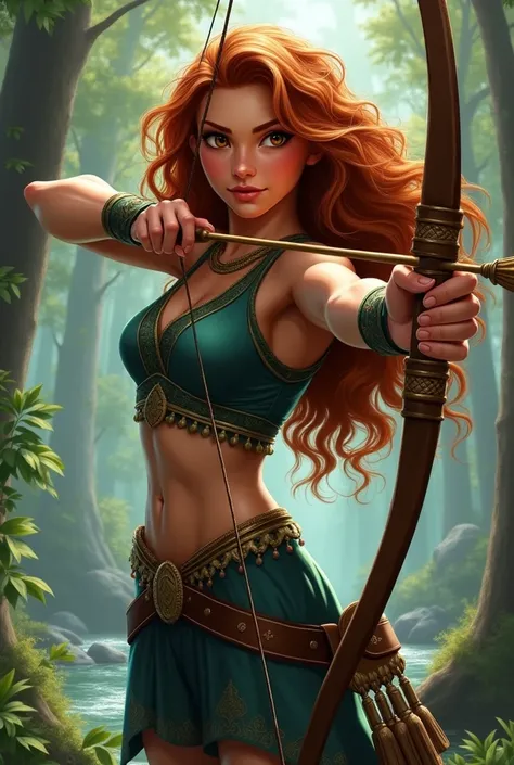 Create an image of Princess Merida with brown hair and eyes training your skills with Princess Pocahontas 