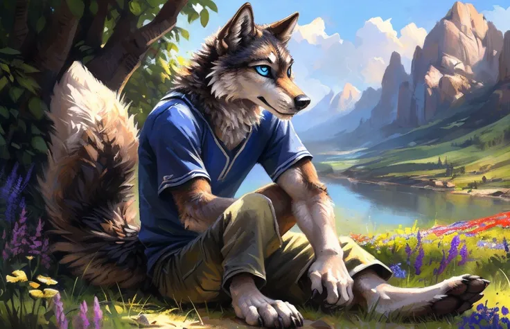 ((Solo)), male people, anthro wolf, (Multi-colored fur, White-brown:1.3，White tail pointed), (Height 2.1m,Tail length 1.2m), ((Wolf face, Big eyes, White eyelids, Blue pupil, Slim:1.2) (Tough, Calm expression:1.2)), Abs, Slim, pinging)), (Correct anatomy),...