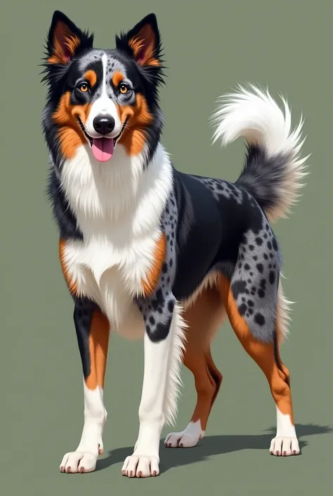  A medium-sized dog with a sporty and fine build,  crossed between a Beauceron Harlequin and a Border Collie .  Her coat is spotted with brown , gray, noir, And a little bit of white . Elle a un torse blanc et le bout de sa queue est également blanc. Ses y...