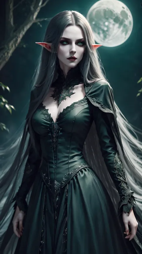 ( best quality ,4K,8 k, high resolution,masterpiece:1.2),super detailed,( realistic,photo realistic,photo- realistic:1.37), GOTHIC STYLE, dark atmosphere ,dark shadows,,Phantom beauty, Elf Girl, dark queen ,  green eyes ,  pale complexion ,  Long hair ,  l...