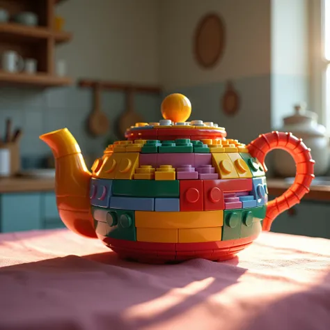 Teapot assembled from colored lego, on the table on a pink tablecloth in the kitchen, high detail, cinematic, realistic, backlight