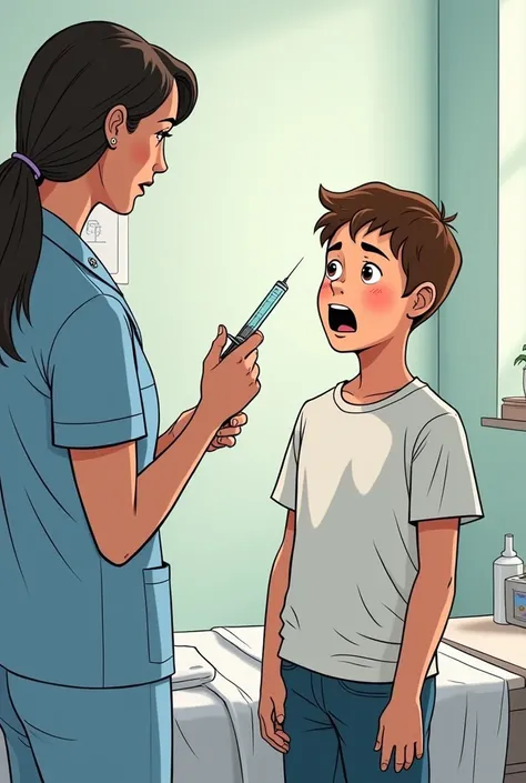 (comic illustration) the design of the  and the nurse is the same as the fprevious image. the boy  is afraid while the nurse is holding an injection