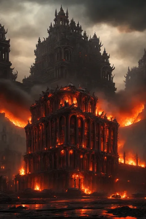 Saint Petersburg 1900 being consumed by Hell, massive biomechanical demon structures, flesh towers growing from buildings, Giger-inspired architecture, burning orthodox churches, blood rivers, organic hellish growths consuming classical architecture, massi...