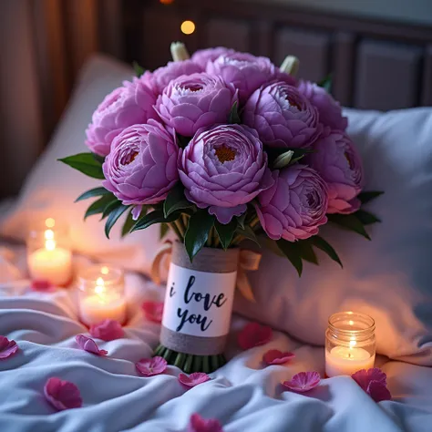  A bright Bouquet of Flowers in a Beautiful Wrap Peonies Purple and Pink, A large bouquet with a Bandaged Ribbon with a bow ,  on the Graffiti Ribbon, the inscription I Love You Beautiful Font Calligraphy ,  An exquisite bouquet Lies on a Beautiful White B...