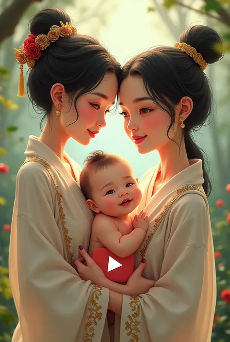 
Create an image of 3 ren Woman who is s  , and a 6 month old baby with a YouTube logo in the form of a cartoon 