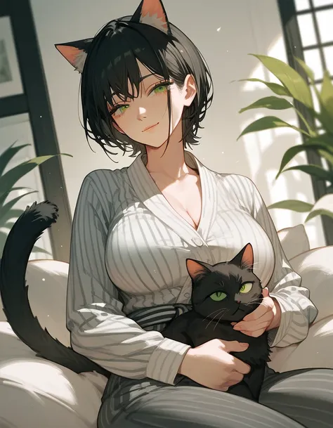 girl,Half a cat,Cat ears,Black hair, in the green eye,Short hair, Black Long Sleeve Top,Black yukata,With cats tail , Trousers,milf,There is a cat ,ronin, chainsaw art,