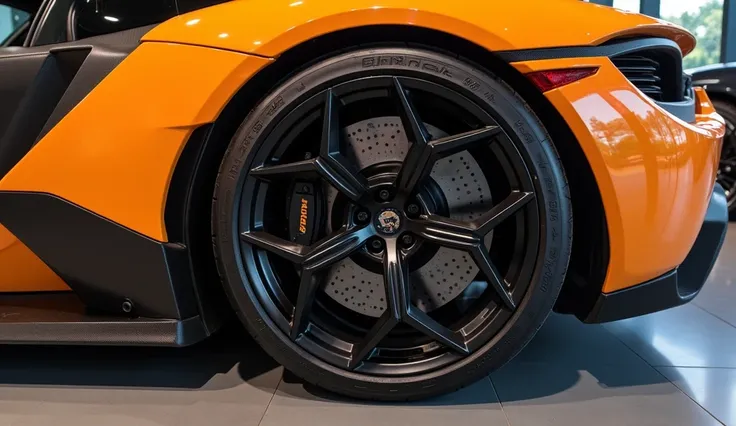 MCLAREN 765LT SPIDER logo  and door is up open  and 4 lighte  back site large and big tyre and big and large tyre in luxxury showroom logo in mclaren and big and large tyre  tyre modified hunter looking tyre large and big tyre of back site BIG TYRE LARGE 