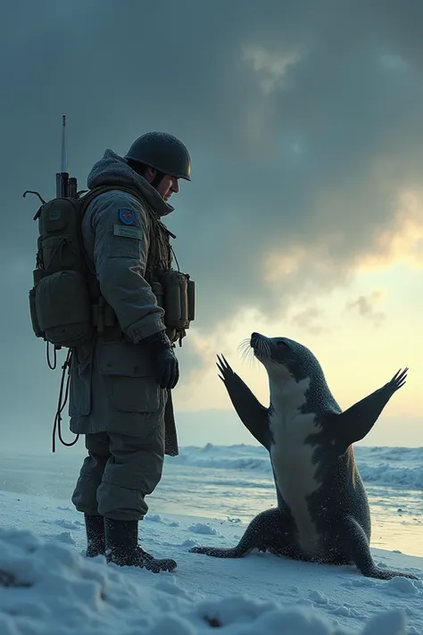 A distressed seal approaches a soldier on a snowy beach, waving its flippers urgently as the sun sets behind stormy clouds."