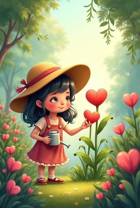 Create a cartoon girl who waters a heart-flower 