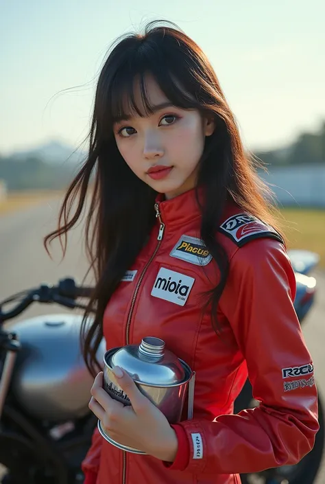 photo-realistic, Ultra-realistic,  very pretty Japanese college girl,  famous Japanese idols , 25 years old,Stand next to a fast accessible motorcycle, WEARING SEXY SHOW GIRL RACING GIRL OUTFITS, long hair flowing in your hand.Holding a square iron can ,Sh...