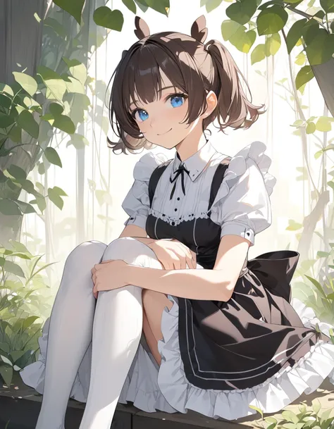 1girl, Best Quality, Very detailed,Ultra-high resolution,full body, soft focus,  mature、(smile, Kind eyes, blue eyes), small breasts, slender, {dark brown hair, Short Hair, waved hare}, ((short twin tail:1.2)), ((low twin tail:1.2)), maid costume, sweet lo...