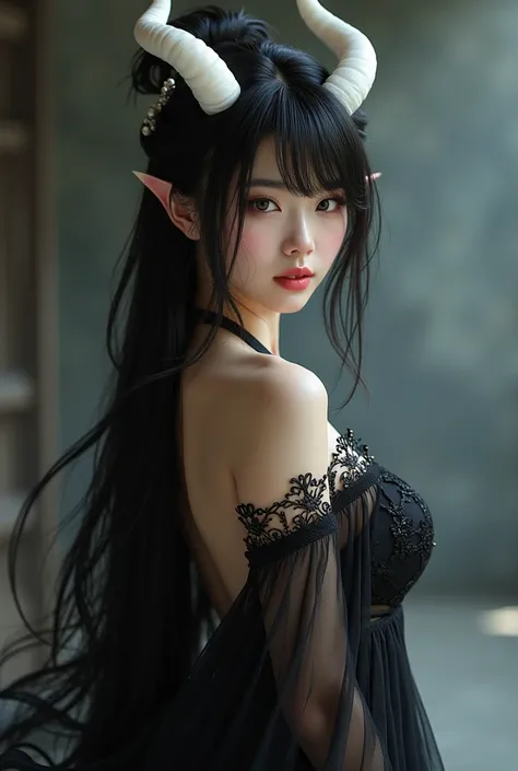 Chinese girl with white horns. Black dress. Show her skin a lot. With bangers and black hair make her super pretty make her bangers fluffy . Give her jiggelly physics . Give her little black shoes . Make it realistic. Give her chinese dress with showing of...